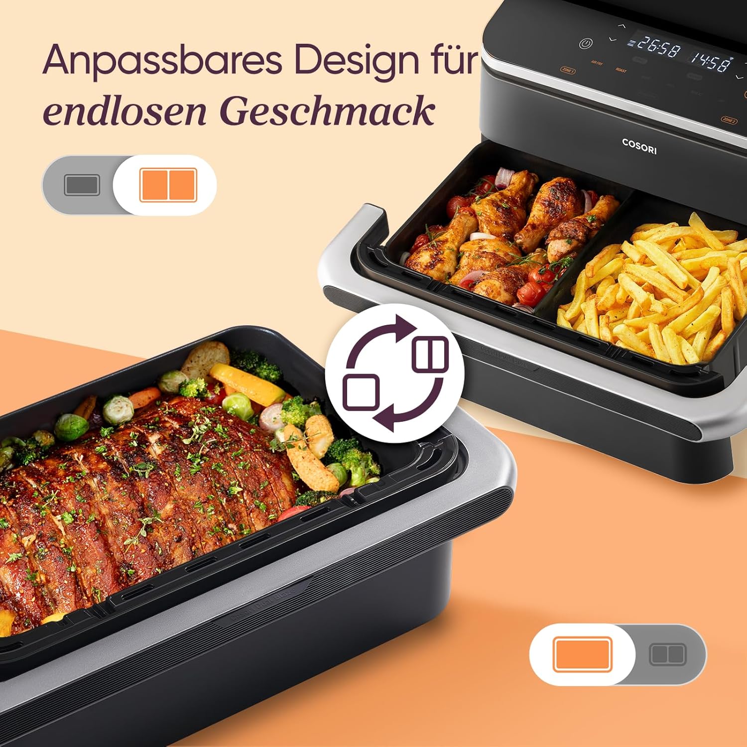 COSORI Heißluftfritteuse 2 Kammern, Dual Blaze TwinFry 10L Airfryer, mit 4 Heizrohren & flexiblen Kammern, gleichmäßige Hitzeverteilung, Temperatur bis 240 °C, Schwarz