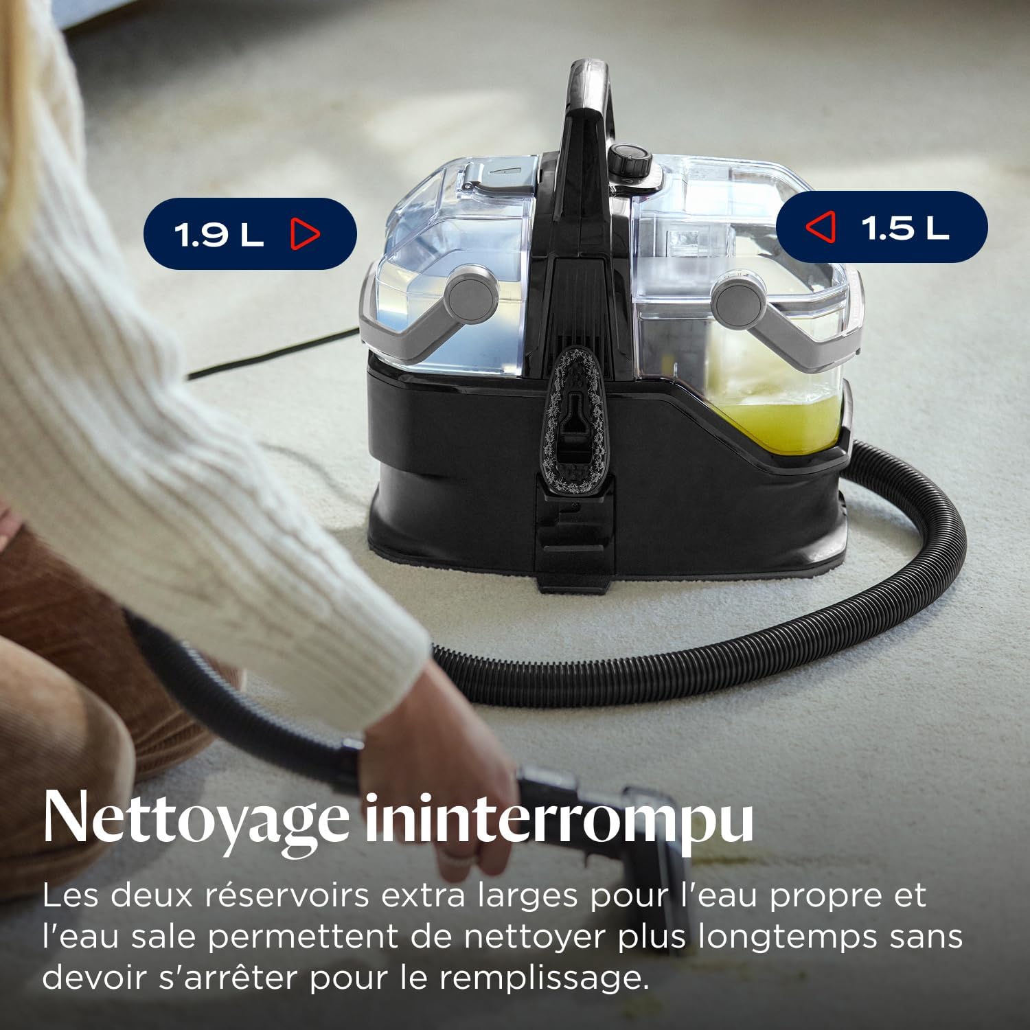 BISSELL SpotClean HydroSteam, Shampouineuse Canapé, Moteur Puissant de 1000W, Nettoyeur Vapeur avec Technologie HydroSteam, Nettoyeur pour Tapis, Moquettes, Meubles, Tissus, Voiture & Plus, 3689N