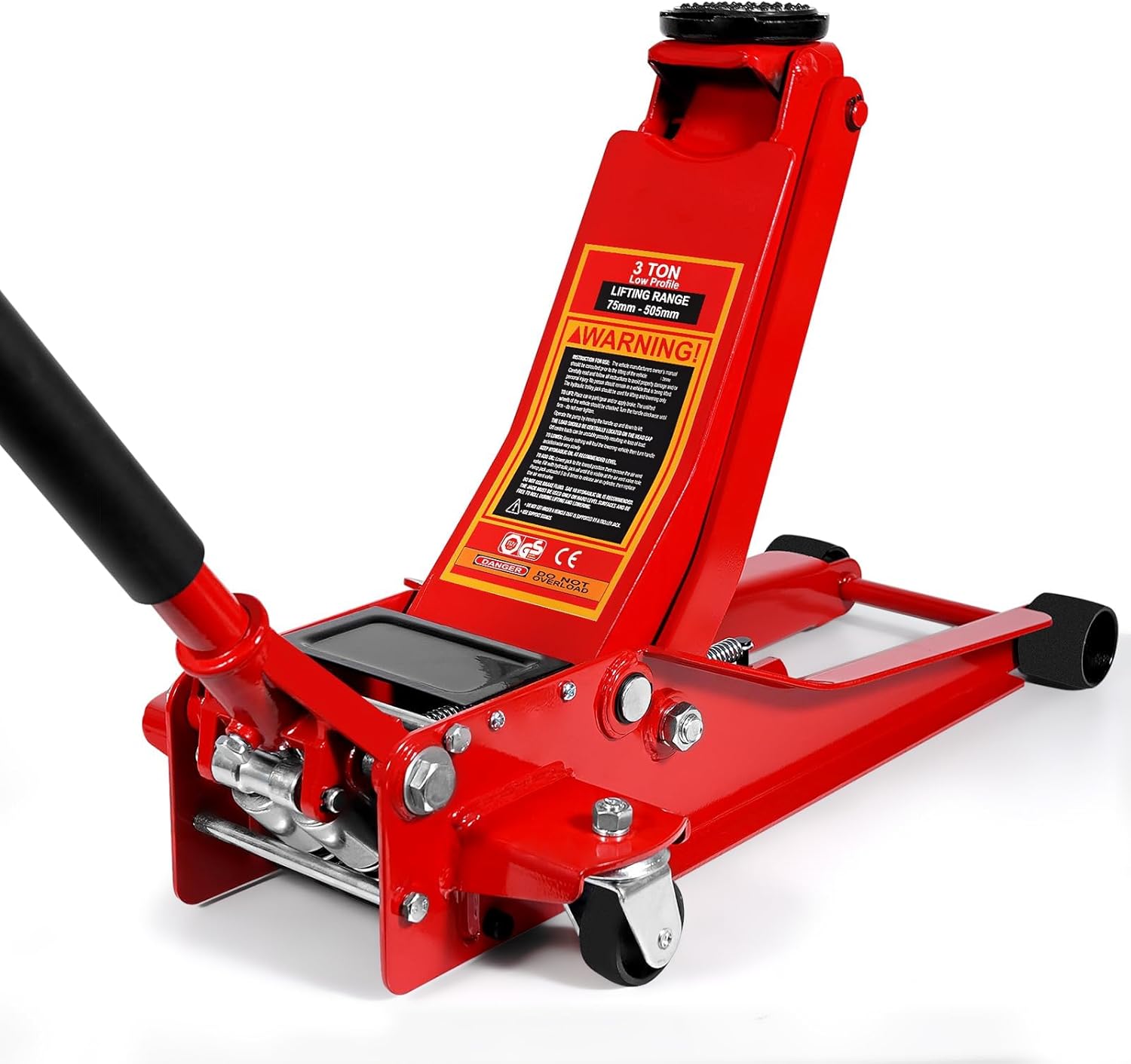 HYCHIKA Steel Racing Trolley Jack, Ultra Low Profile Jack with Dual Piston Quick-Acting Pump, 3 Ton (6,600 lb) Capacity, Lifting Range 3-18.3 inches