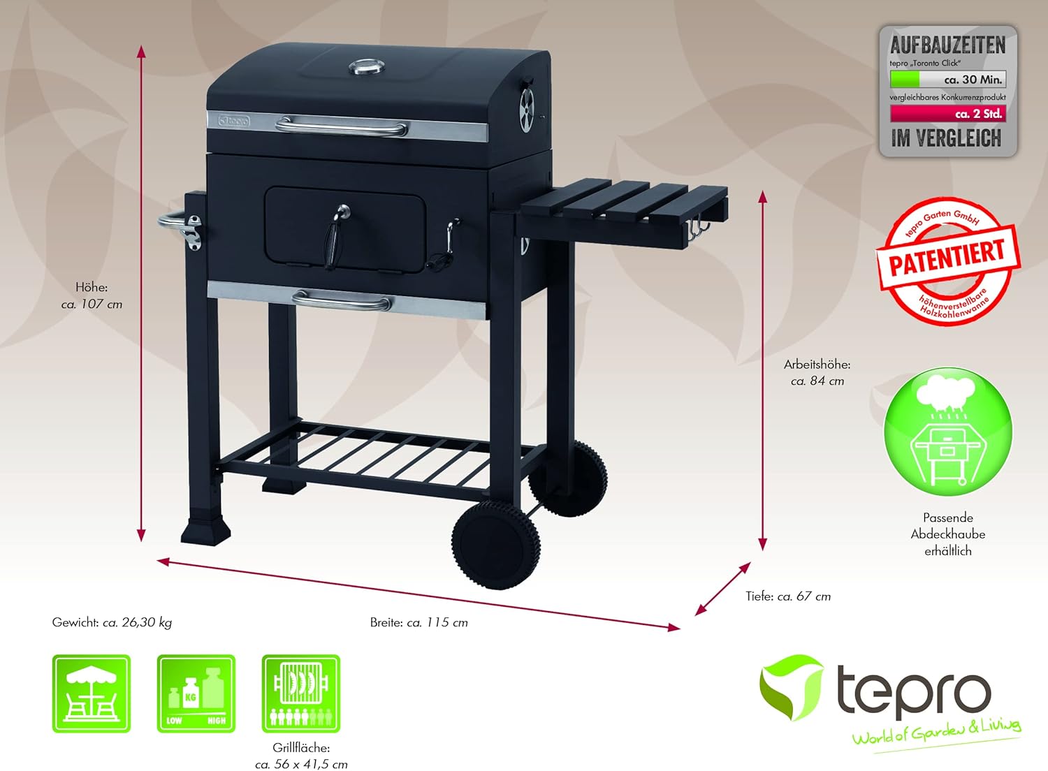 Tepro Toronto Grill Cart, Charcoal Grill with Innovative Design