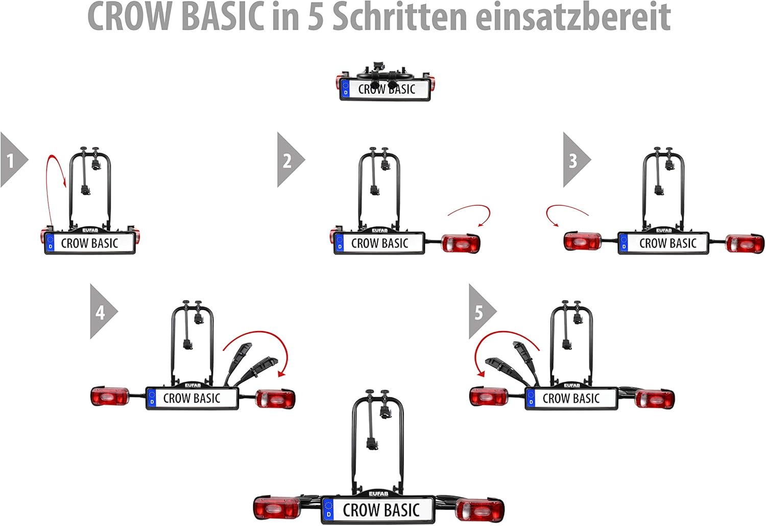 EUFAB 11569 Crow Basic bicycle carrier, suitable for e-bikes, partially pre-assembled, for 2 bicycles, for towing hitch