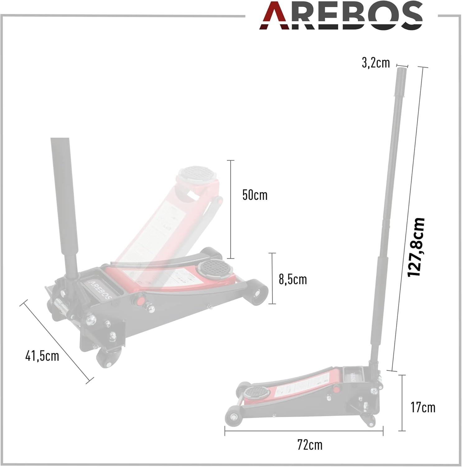 Arebos 3T Hydraulic Trolley Jack Flat | Underride height 85-500 mm | Double piston | 3 supports | Car jack | Jack stand for vehicles and cars
