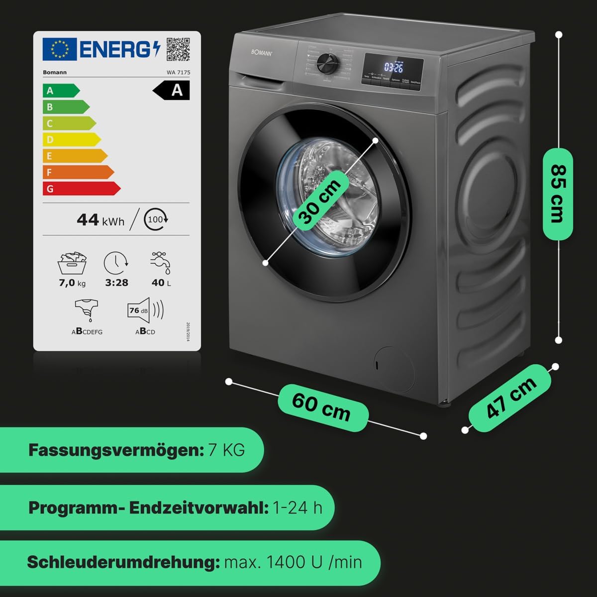 Bomann® Waschmaschine 7kg | max. 1400 U/min | 10 Jahre Motor-Garantie | effizienter, leiser & langlebiger Invertermotor | 15 Programme | Endzeitvorwahl | LED-Display | Washing Machine | WA 7175 weiß [Energieklasse A]