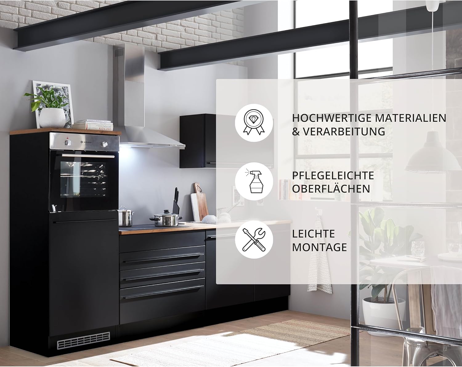 Jazz 6 Modern Kitchen Unit with Electrical Appliances in Matt Black, Lanzelot Oak Look - Spacious Fitted Kitchen with Lots of Storage Space - 260 x 200 x 60 cm (W x H x D)