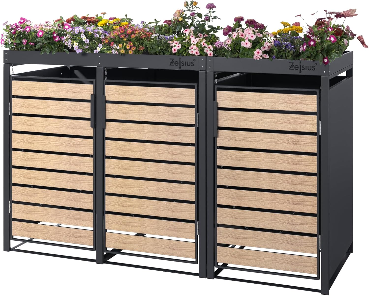 Zelsius Wheelie Bin Box with Plant Roof for 4 Bins, 120-240 Litres, Anthracite RAL 7016, Door in Wood Look Including Extension Option, Bin Box, Storage Box for Wheelie Bins