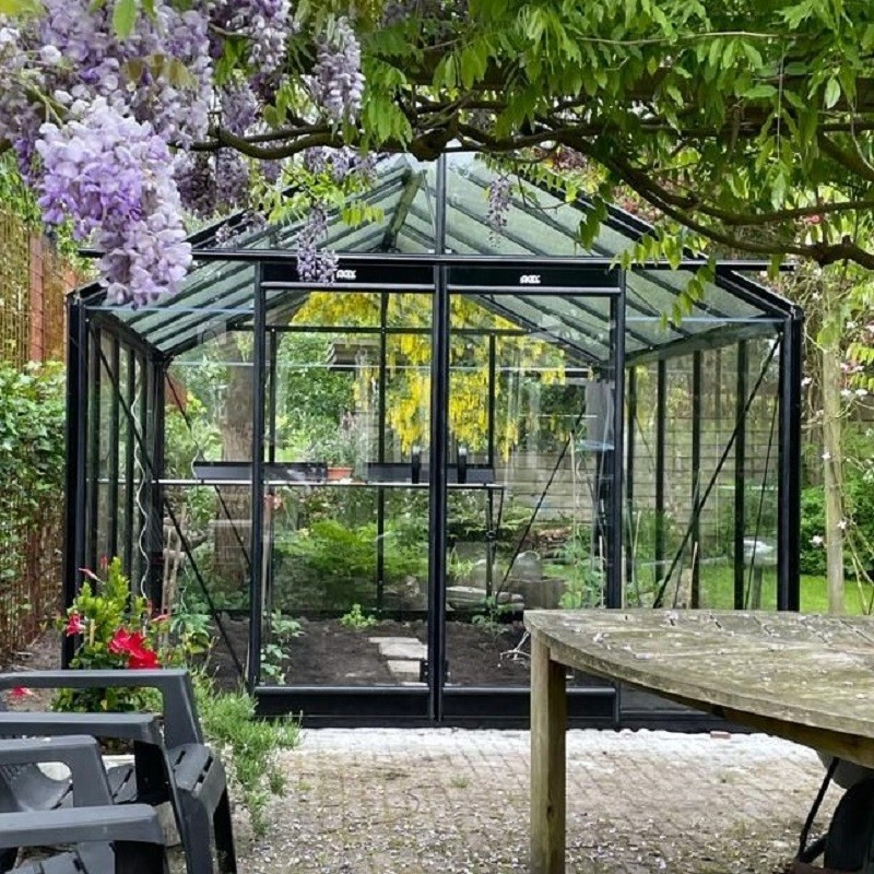 Serre Prestige 11.35m² en aluminium laqué noir et verre trempé (martelé en toiture)