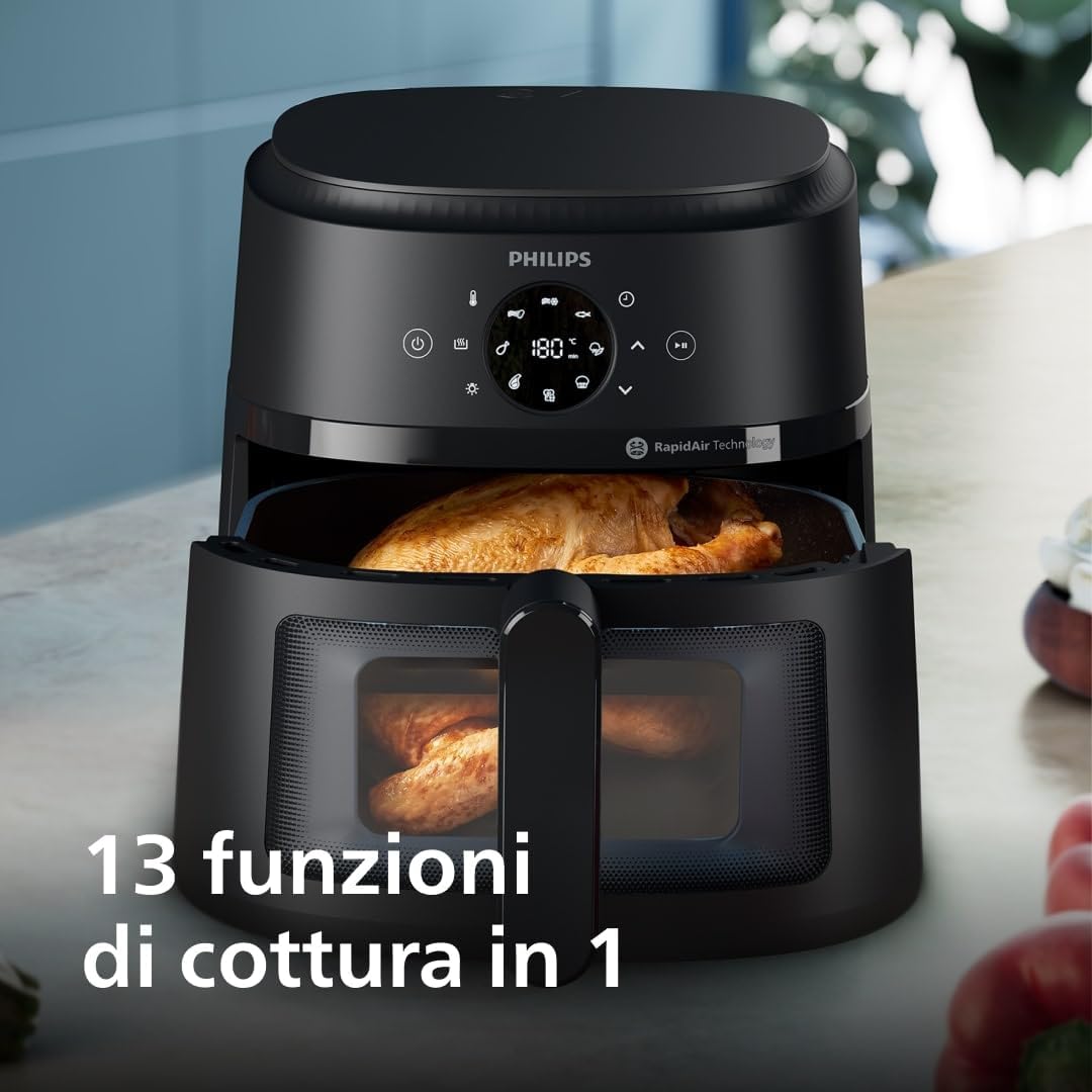 Philips Airfryer Serie 2000 - Friggitrice ad aria da 6,2 L, 13 Modalità, Compatta con Finestra di Cottura, Tecnologia RapidAir, 90% di Grassi in Meno, Facile da Pulire (NA230/00)