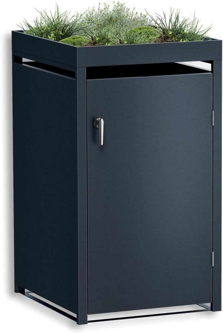 Metzler Wheelie Bin Box 4 Bins 240 L with Plant Roof, Roof Greenery in Anthracite with Plant Roof, Weatherproof, Pack of 4, Waste Container, Bin House, Lockable, Garden Box, Rubbish Box