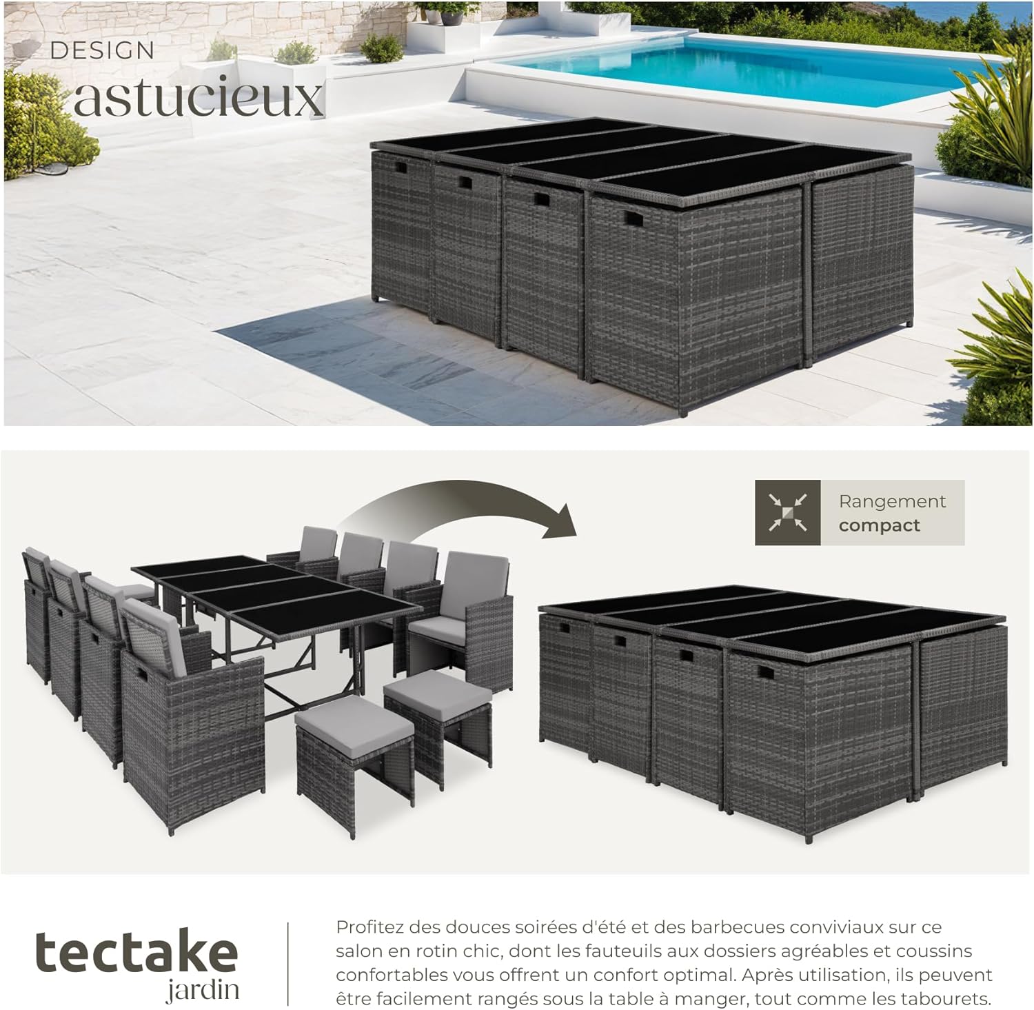 TecTake Rattan Garden Furniture Set - Outdoor Dining Set with 8 Comfortable Chairs, 4 Stools, and 1 Table - Balcony and Patio Furniture - Black/Grey