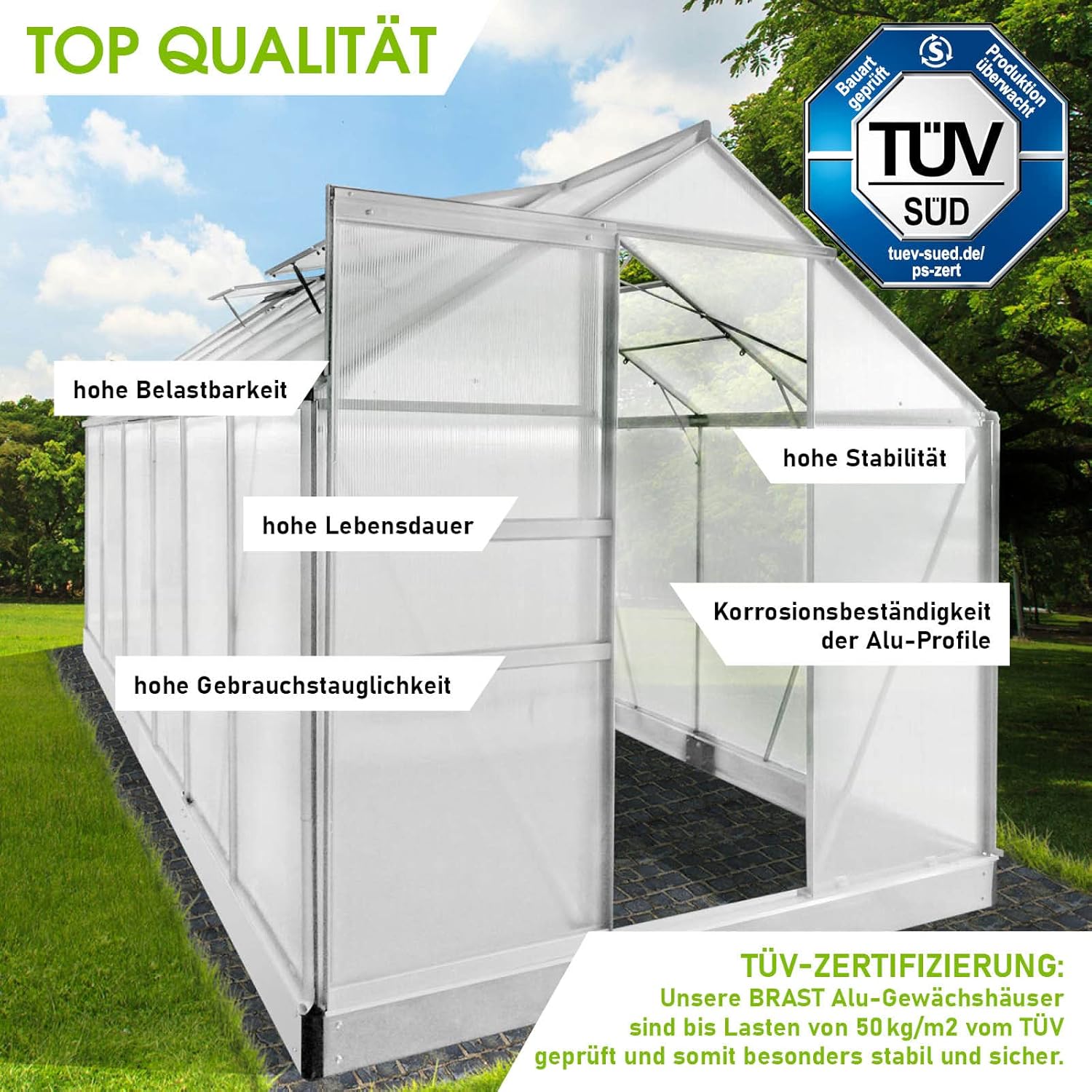 BRAST Aluminium Greenhouse with Base 380 x 190 x 195 cm, TÜV Tested, 6 mm Hollow Chamber Panels, Rustproof/Weatherproof/Temperature-Resistant