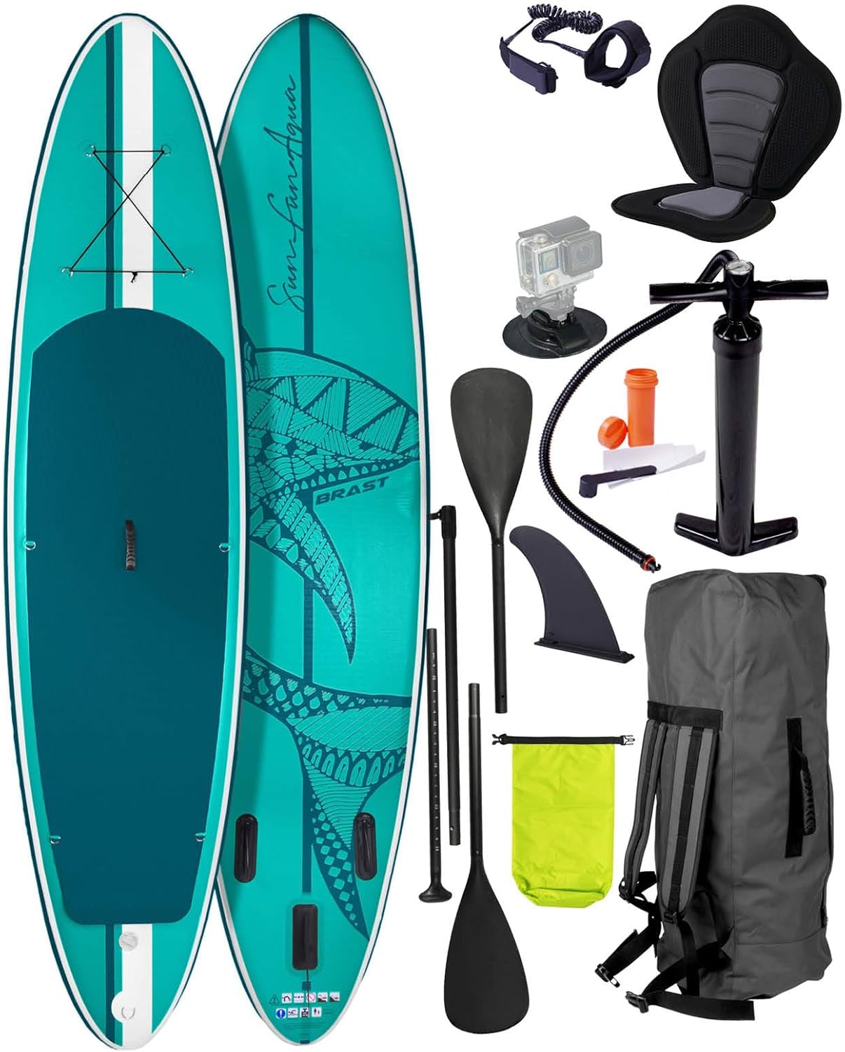 BRAST® SUP Board, Shark, Inflatable Stand Up Paddle Set, 300–320 cm, Many Models, Includes Special Accessories, 2-in-1 Paddle, Kayak Seat, Action Cam Holder, Foot Strap, Pump, Backpack