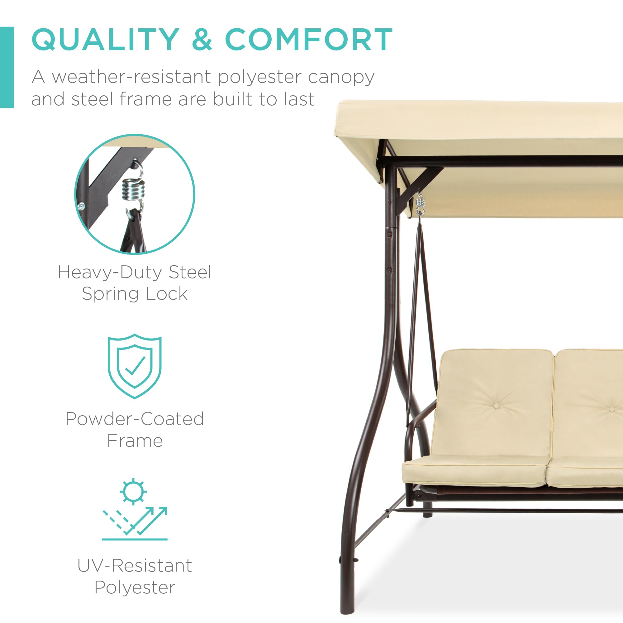 Best Choice Products 3-Seat Outdoor Large Converting Canopy Swing Glider, Patio Hammock Lounge Chair for Porch, Backyard w/Flatbed, Adjustable Shade, Removable Cushions