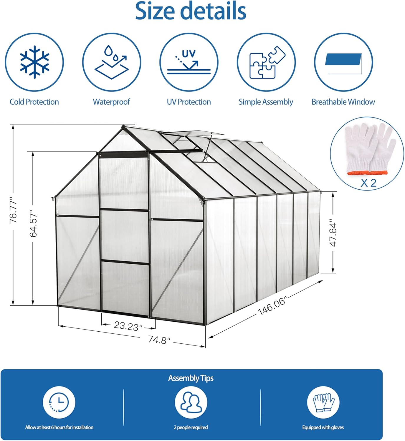 Heavy Duty Aluminum Walk-in Greenhouses w/ Raised Base for Outdoor Garden Backyard,Black