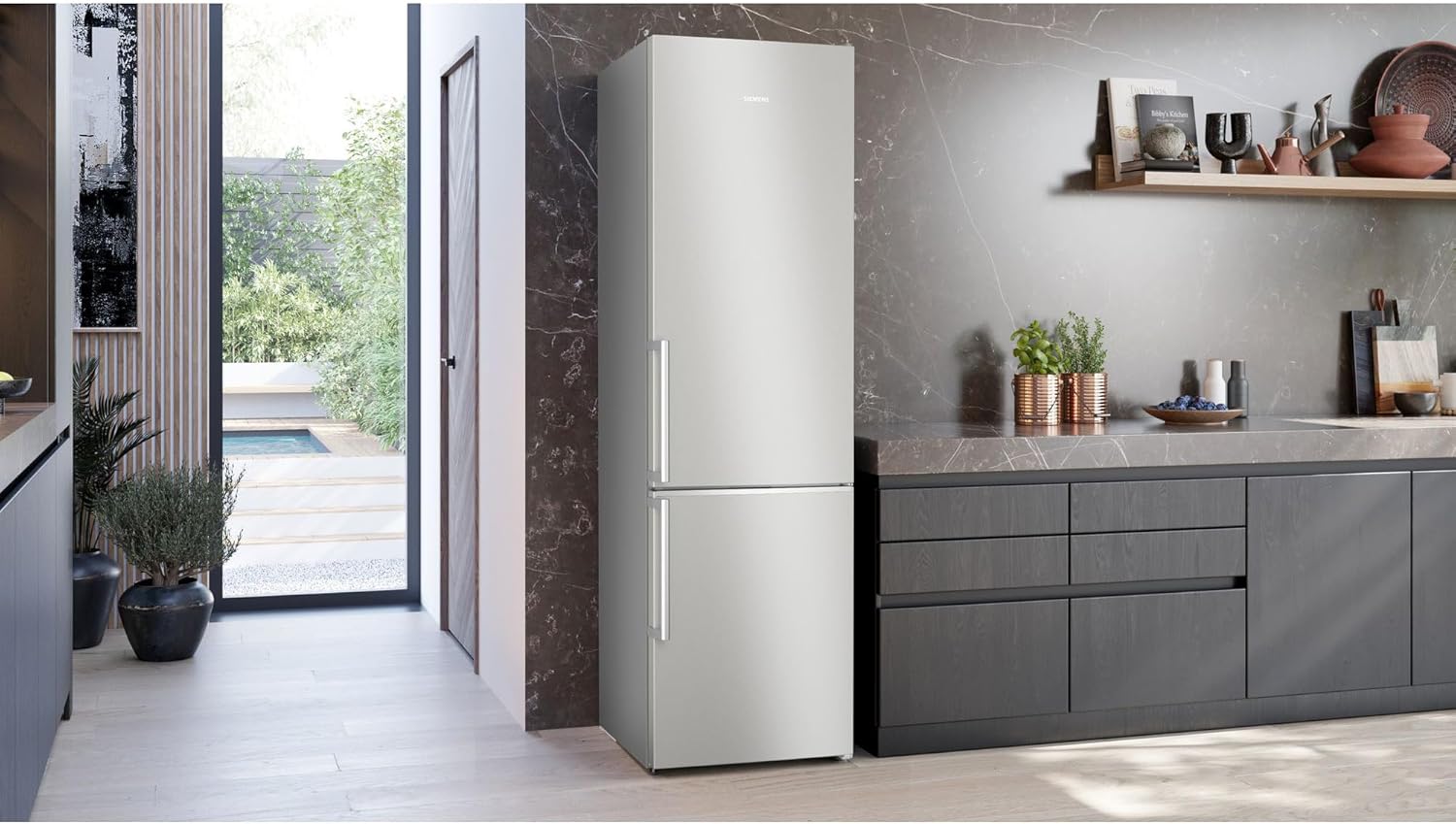 SIEMENS KG39NAIAT iQ500 Standing Fridge-Freezer Combination, 203 x 60 cm, 260 L Cooling & 103 L Freezer, Freezer Area Bottle, NoFrost, hyperFresh, BottleCooler, Brushed Steel [Energy Class A]