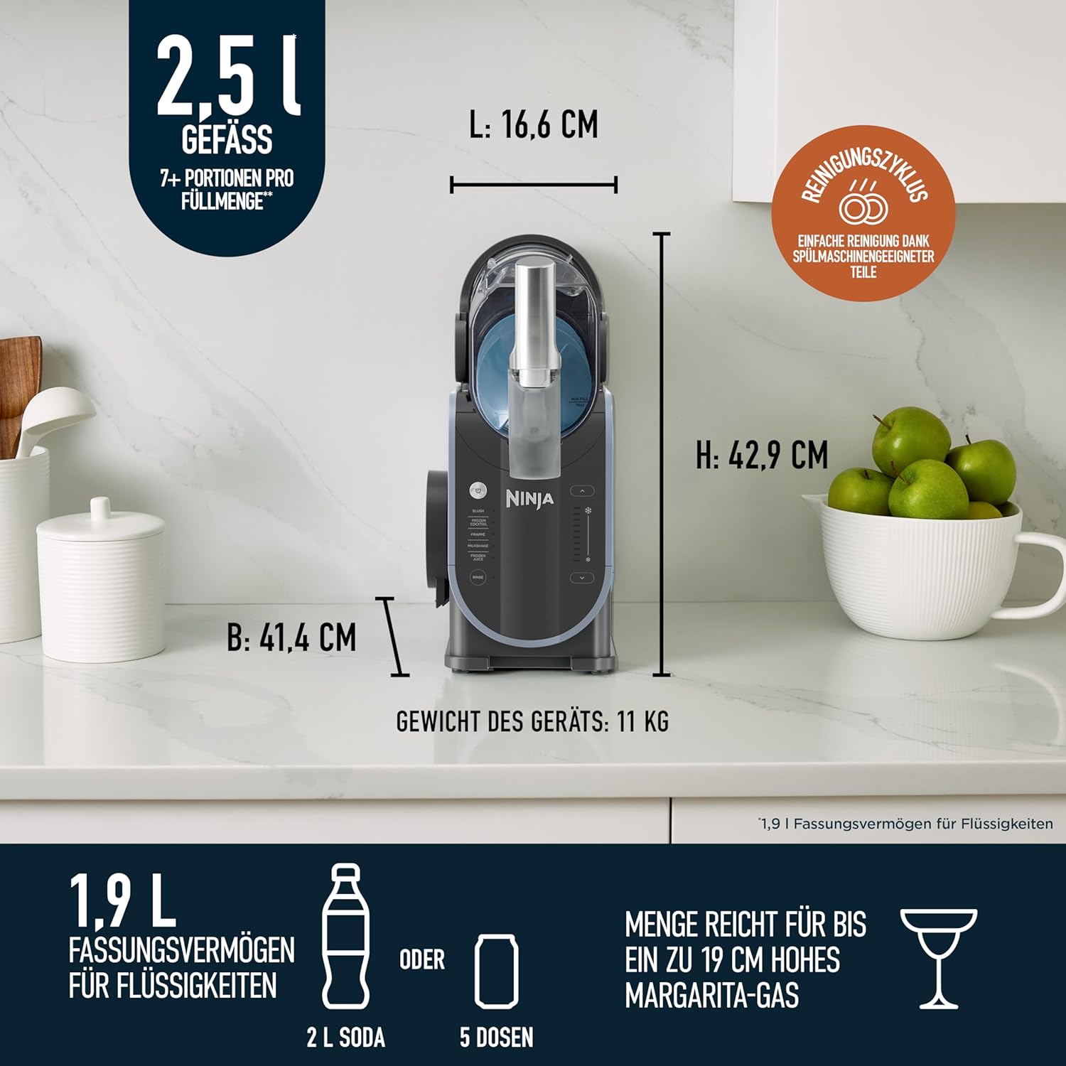 Ninja SLUSHi Maschine für Slush, Eis-Cocktails, Frappé, Milchshakes & gefrorenen Saft, ohne Eis oder Vorbereitungsaufwand, WhisperChill-Technology, fasst 1,9 L, Blau & Grau, FS301EU