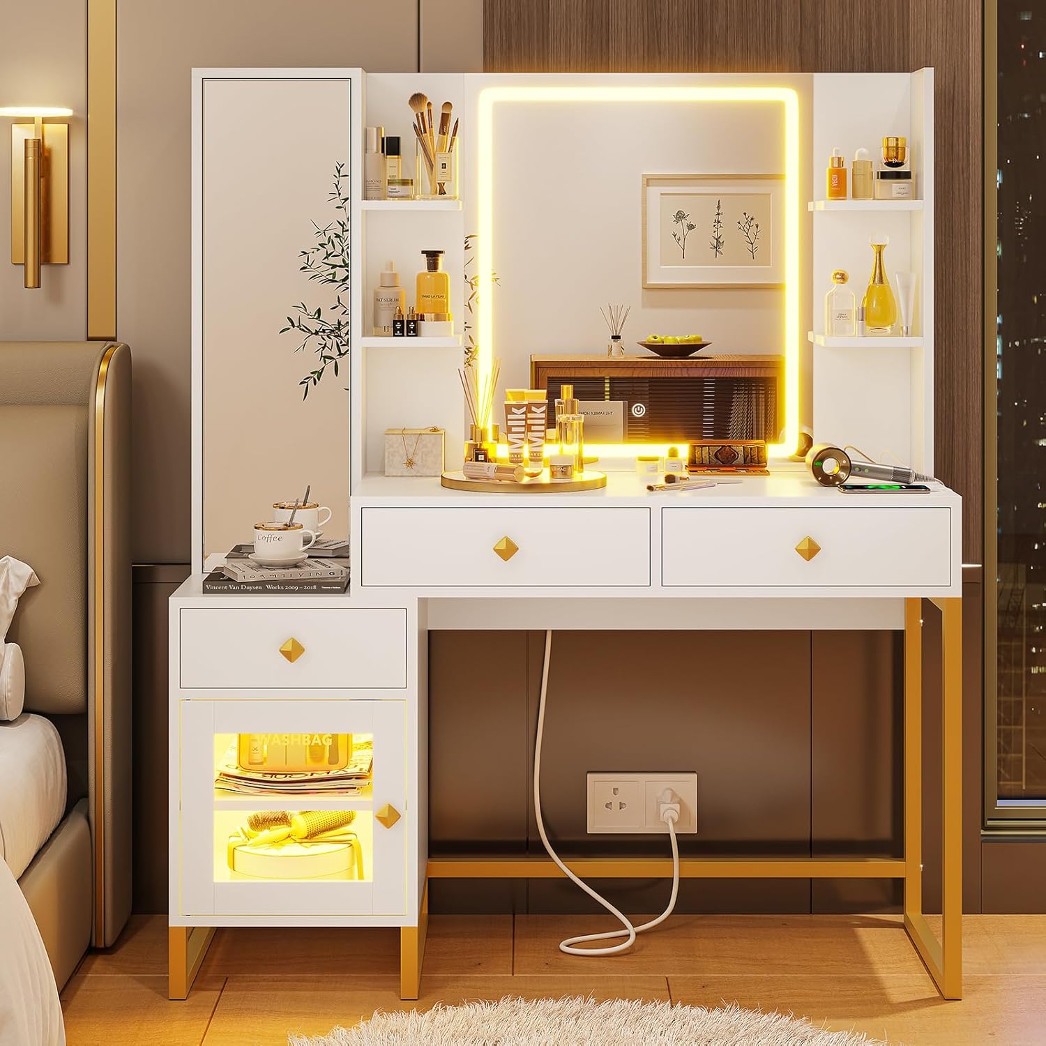 Afuhokles Vanity with Lighted Mirror and Charging Station, Makeup Table with Jewelry Armoire, Full Length Mirror, RGB Cabinet