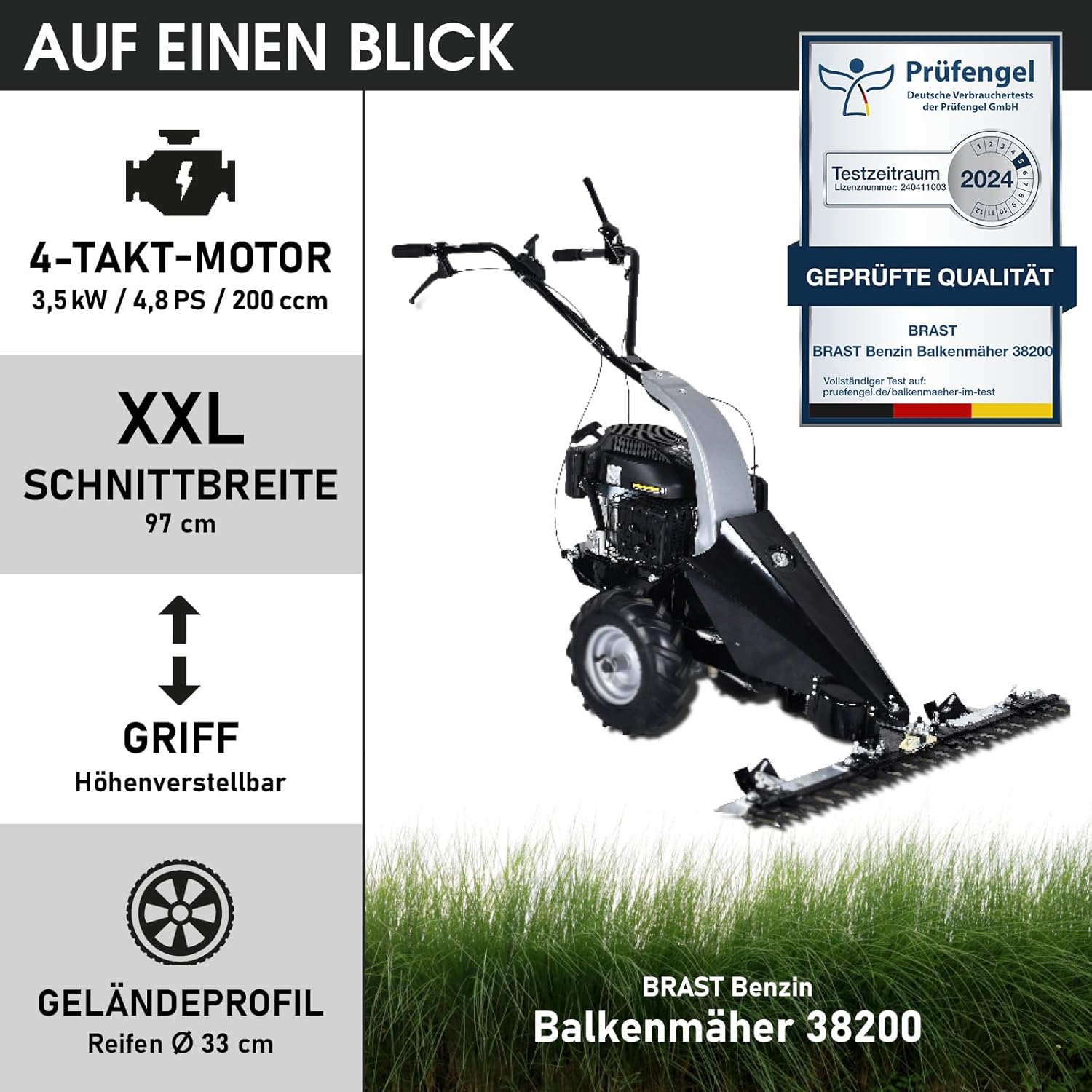 BRAST® Bar Mower Petrol 3.5 kW (4.8 HP) with Drive Cutting Width 97 cm Air Tyres with Terrain Profile Lawn Mower High Grass Mower Meadow Mower 196 cc