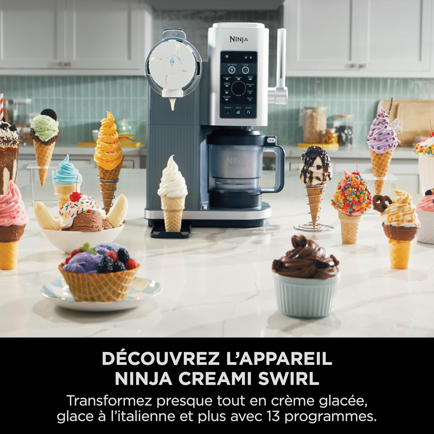 Ninja Swirl by CREAMi Sorbetière et machine à glaces avec 2 pots, 13 modes pour réaliser crèmes glacées, glaces à l’italienne, gelatos, sorbets, milkshakes, option Extra, Machine Gris platine, NC701EU