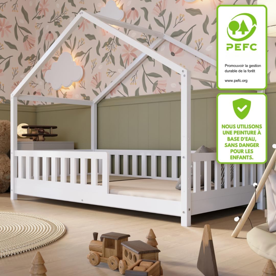 Crazy Pine Cabin Bed 160x80 cm – Natural Wood Children's Bed with Barrier – Montessori Floor Bed with Height-Adjustable Legs and Removable Barrier - Crazy House