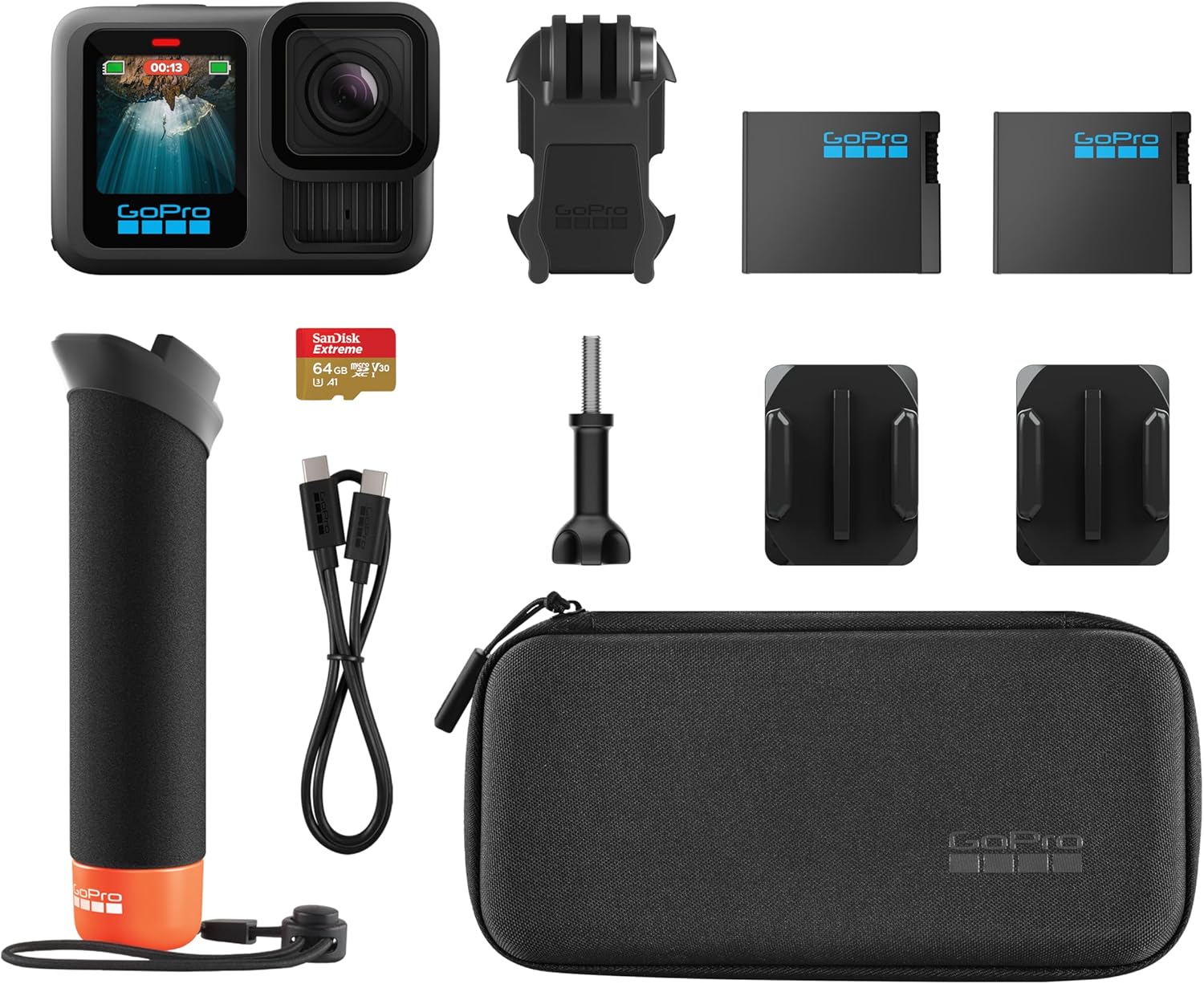 GoPro HERO13 Black Accessory Pack - Includes the Handler (Floating Handgrip), 2 Enduro Batteries, 2 Curved Adhesive Holders, 64GB SanDisk MicroSD Card, Carry Case and More