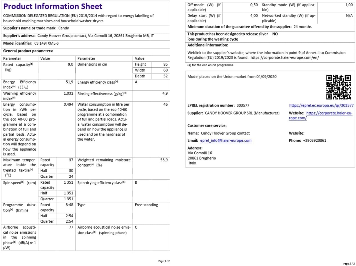 Candy Smart Lavatrice 9kg, Motore Inverter, carica frontale Classe A, 1400 giri, 16 Programmi, Cicli Rapidi, Partenza Ritardata, 60 x 52 x 85 cm, White – CS 149TXME-S [Classe di efficienza energetica A]