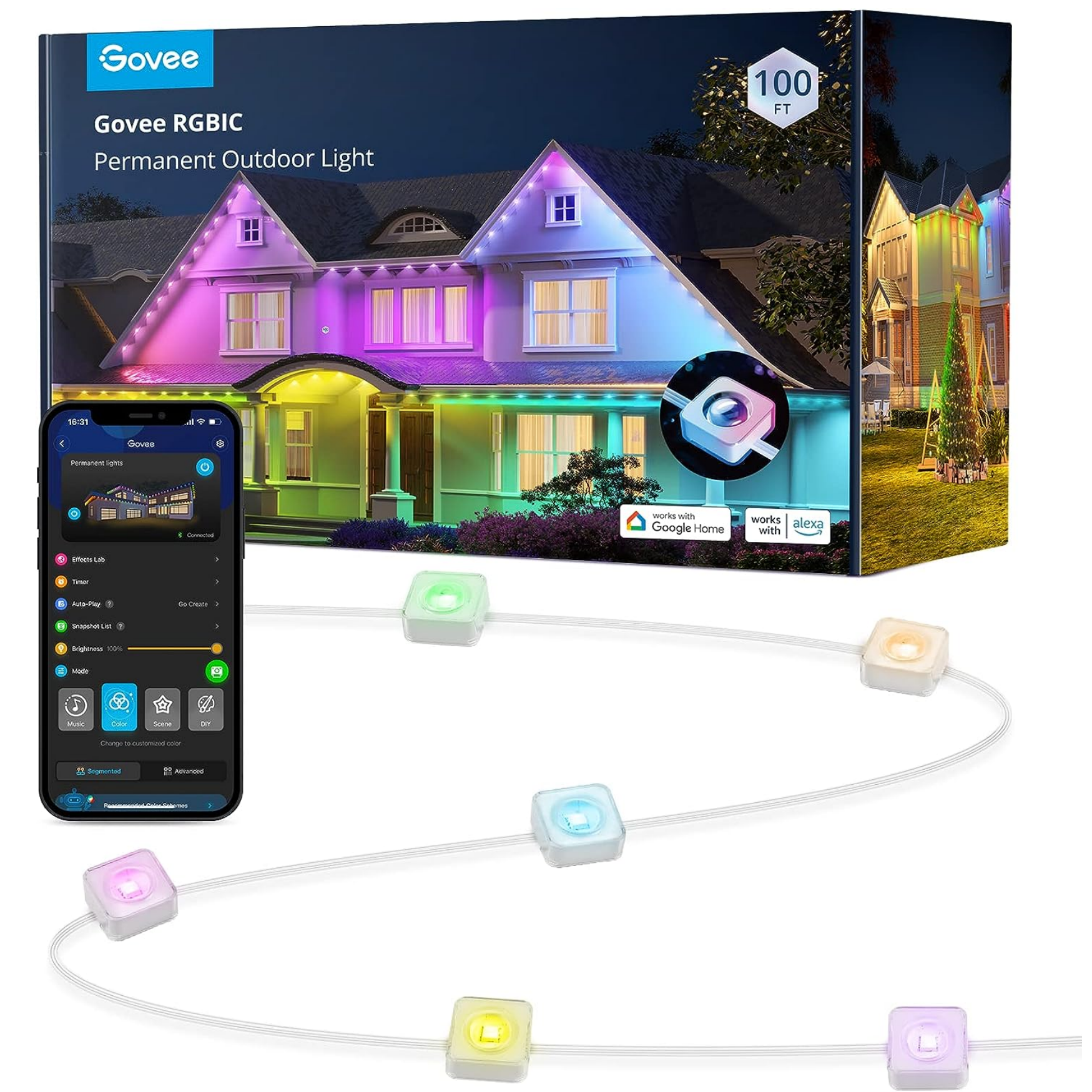 Govee Permanent Outdoor Lights, Smart RGBIC Outdoor Lights with 75 Scene Modes, 100ft with 72 LED Eaves Lights IP67 Waterproof for Christmas Decorations, New Year, Work with Alexa, Google Assistant