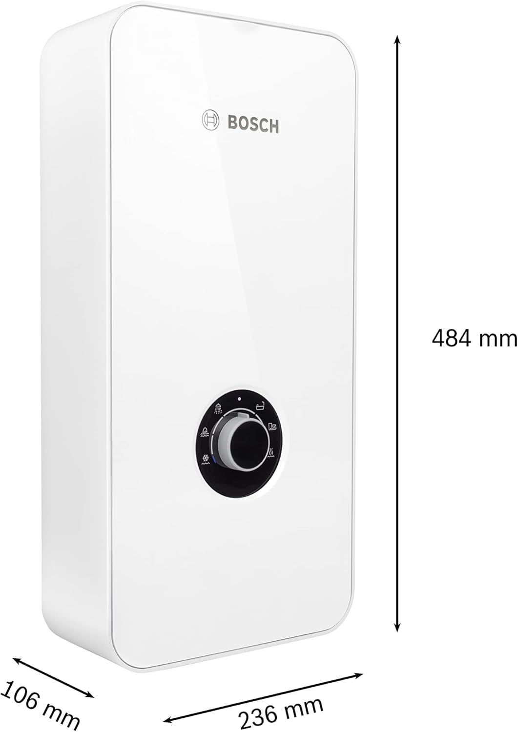 Bosch Tronic 5000 Electronic Instantaneous Water Heater 15/18/21 kW Switchable Pressure Resistant Continuous Temperature Selection 400 V Modern Glass Look White [Energy Class A]