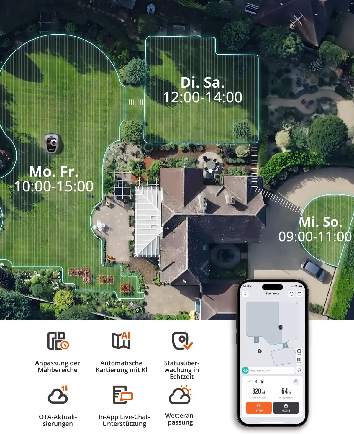 Navimow i105E Robotic Lawnmower without Boundary Cable, Reception 500 m², Max. 600 m², RTK+Vision Lawn Mower Robot Test Winner, Hedgehog Protection Lawn Robot, AI Car Mapping, Virtual Limiting