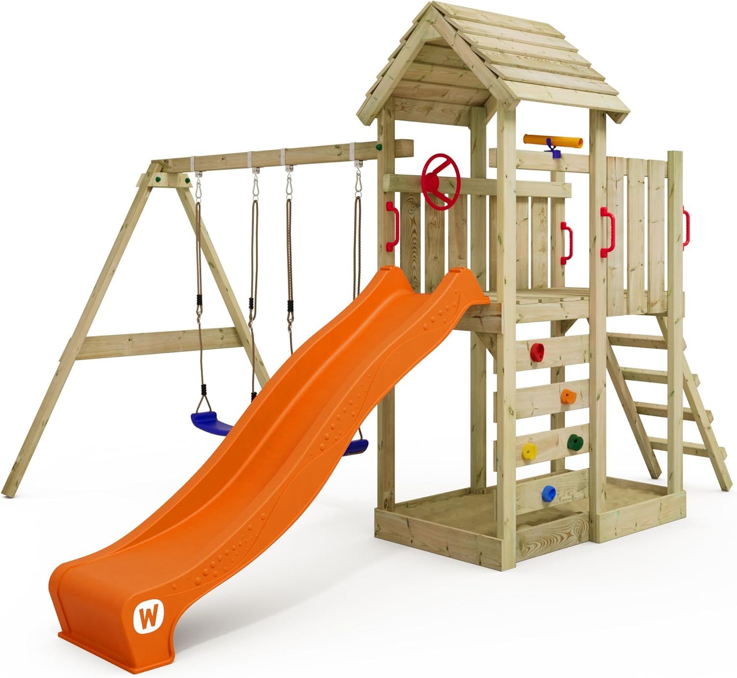 WICKEY MultiFlyer Play Tower Climbing Frame Wooden Roof with Swing and Green Slide, Climbing Tower with Wooden Roof, Sandpit, Ladder and Play Accessories