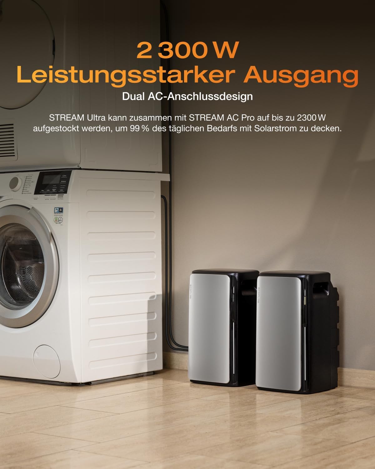 ECOFLOW STREAM Ultra und AC Pro 3,84kWh, Balkonkraftwerk mit Speicher, 3600W Solareingang, 2300W Dual AC-Anschlüsse, erweiterbarer Kapazität bis zu 11,52kWh, 6000 Ladezyklen, Smart AI, Plug&Play