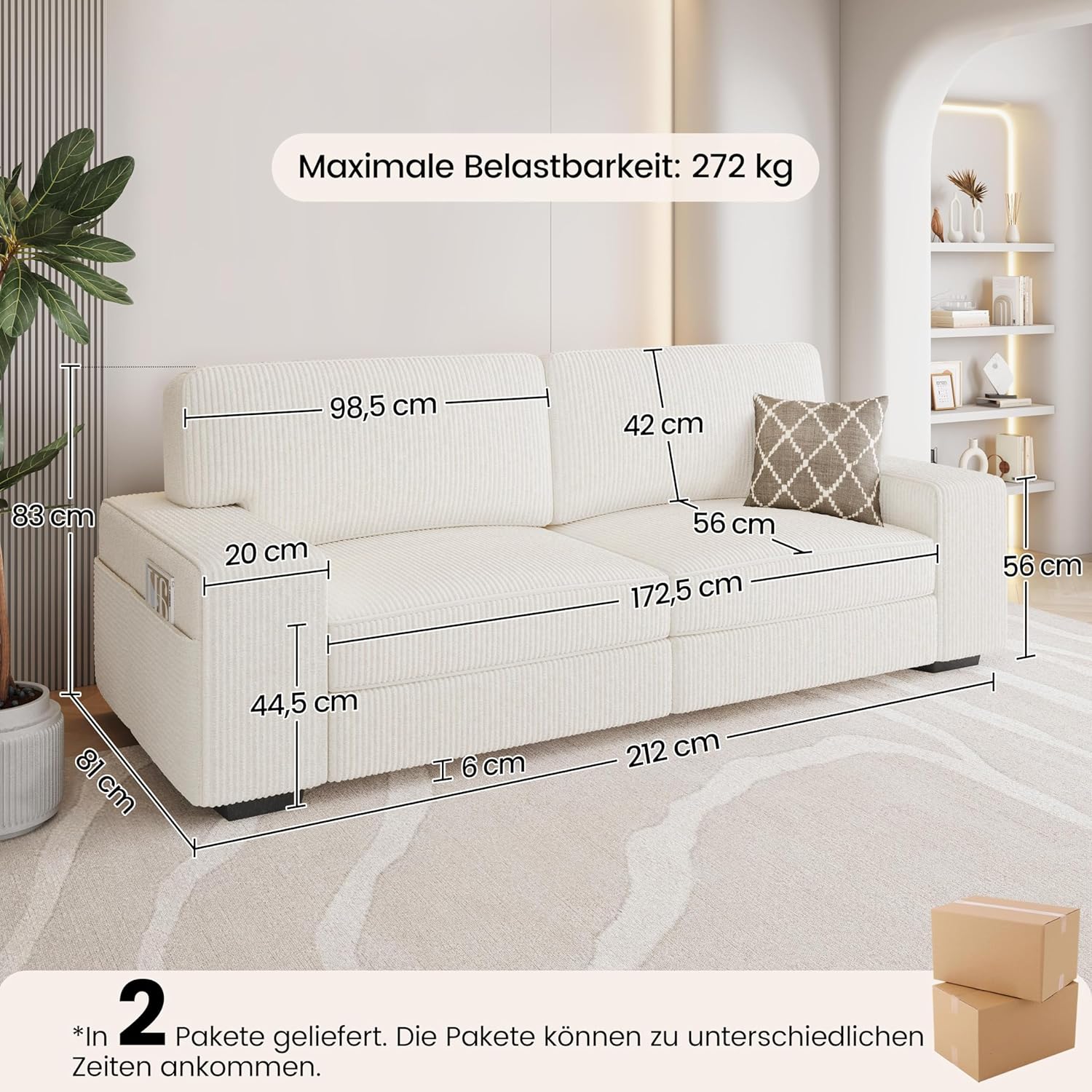 Yaheetech Sofa 212 x 81 cm Upholstered Corduroy Fabric Sofa with Removable Cushions and Backrests Couch with Wide Armrests for Living Room/Bedroom/Playroom, Ivory