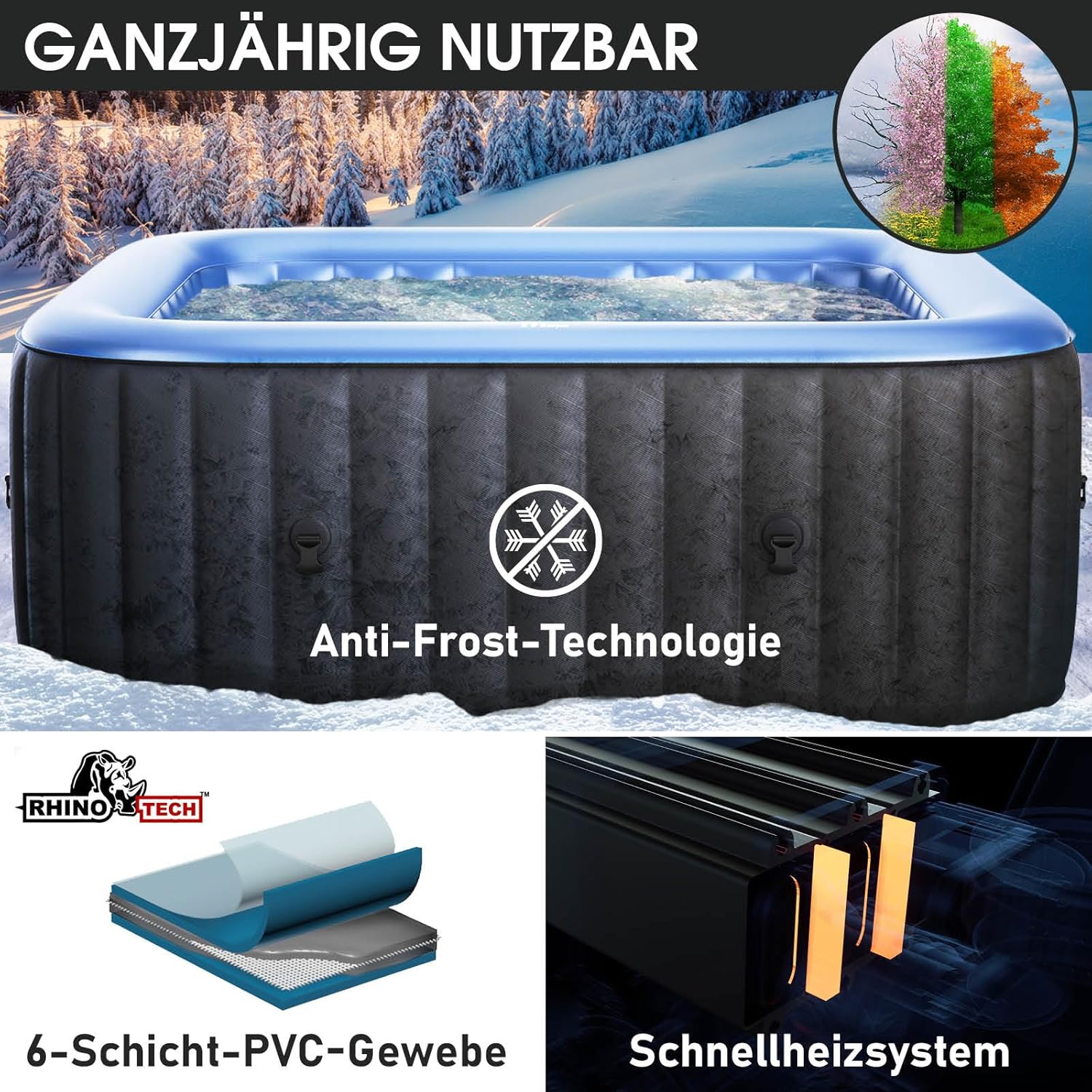 Whirlpool MSpa Inflatable for 6 People Spa 185 x 185 cm In-Outdoor Pool 132 Massage Nozzles Timer Heating Inflating Function with Push Button TÜV Tested Bubble Spa Wellness Massage