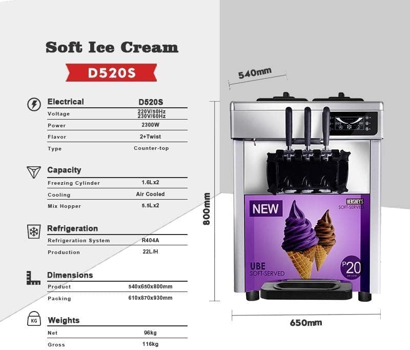 CVS D520S Triple Head Ice Cream Machine: 22L/H Output, 5.5Lx2 Refrigerated Hopper, 1.6LX2 Freezing Tank, Auto Operation, Microcomputer Control, 800W (ICE CREAM MACHINE)
