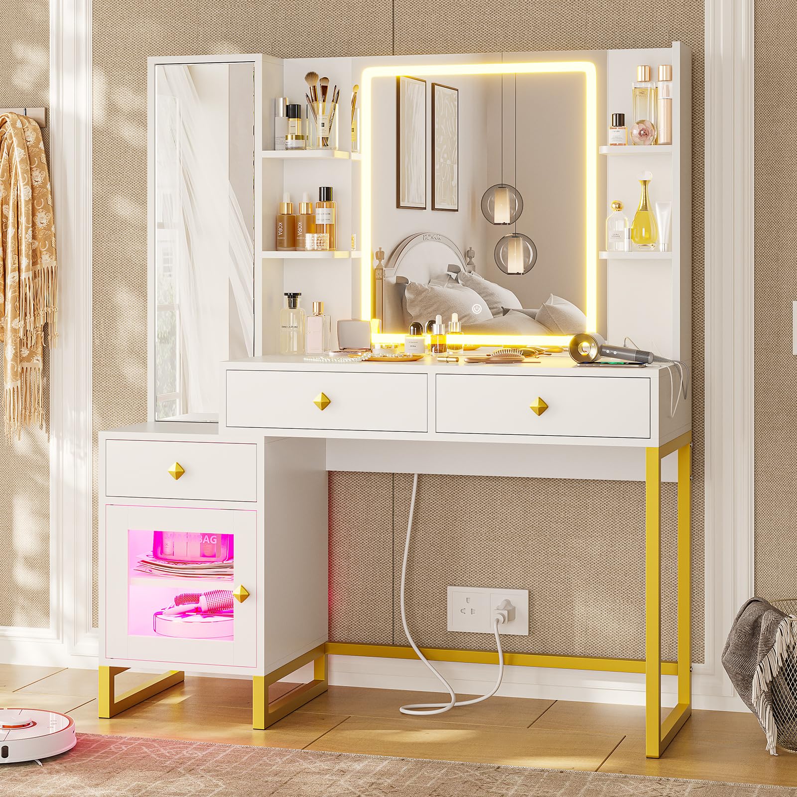 Afuhokles Vanity with Lighted Mirror and Charging Station, Makeup Table with Jewelry Armoire, Full Length Mirror, RGB Cabinet