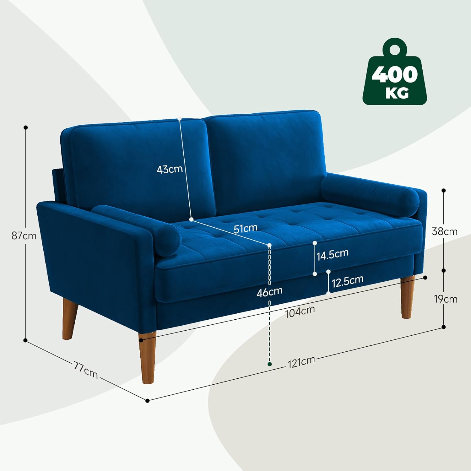 Vesgantti Small 2 Seater Sofa, 121cm Velvet Sofa with Spring Cushion, Mini Bedroom with Armrests, Modern Living Room Loveseat, Fixed 2 Seater Loveseat