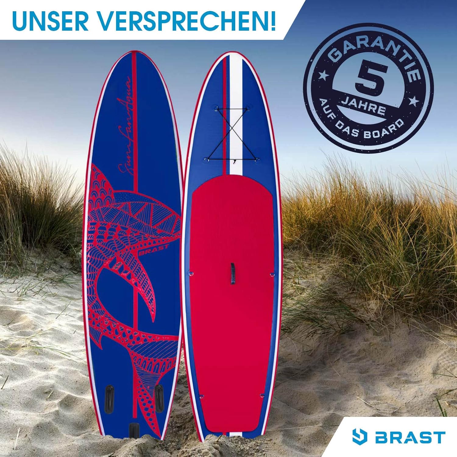 BRAST® SUP Board, Shark, Inflatable Stand Up Paddle Set, 300–320 cm, Many Models, Includes Special Accessories, 2-in-1 Paddle, Kayak Seat, Action Cam Holder, Foot Strap, Pump, Backpack