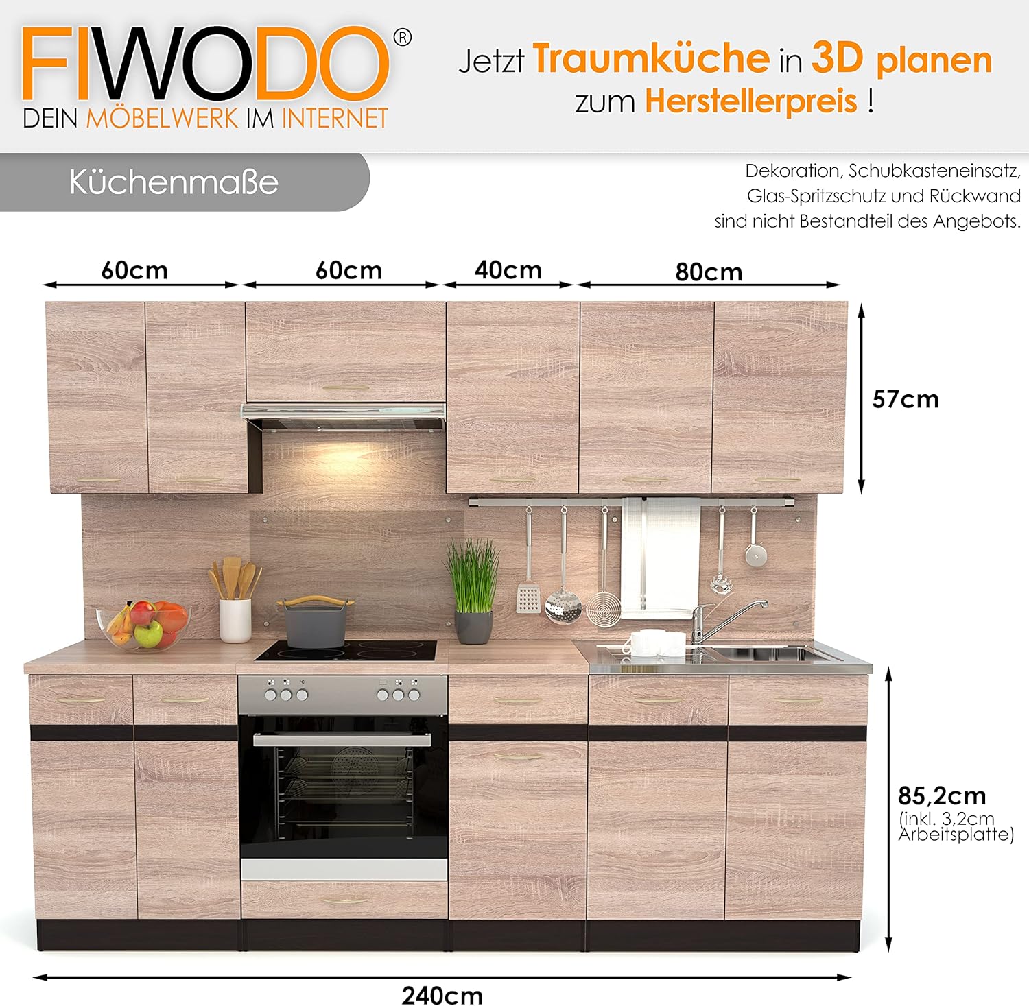FIWODO Expandable Kitchen Unit with Electrical Appliances, Fitted Kitchen in Sonoma Oak, 240 cm, with Sink, Mixer Tap, Hob, Oven, Extractor Hood
