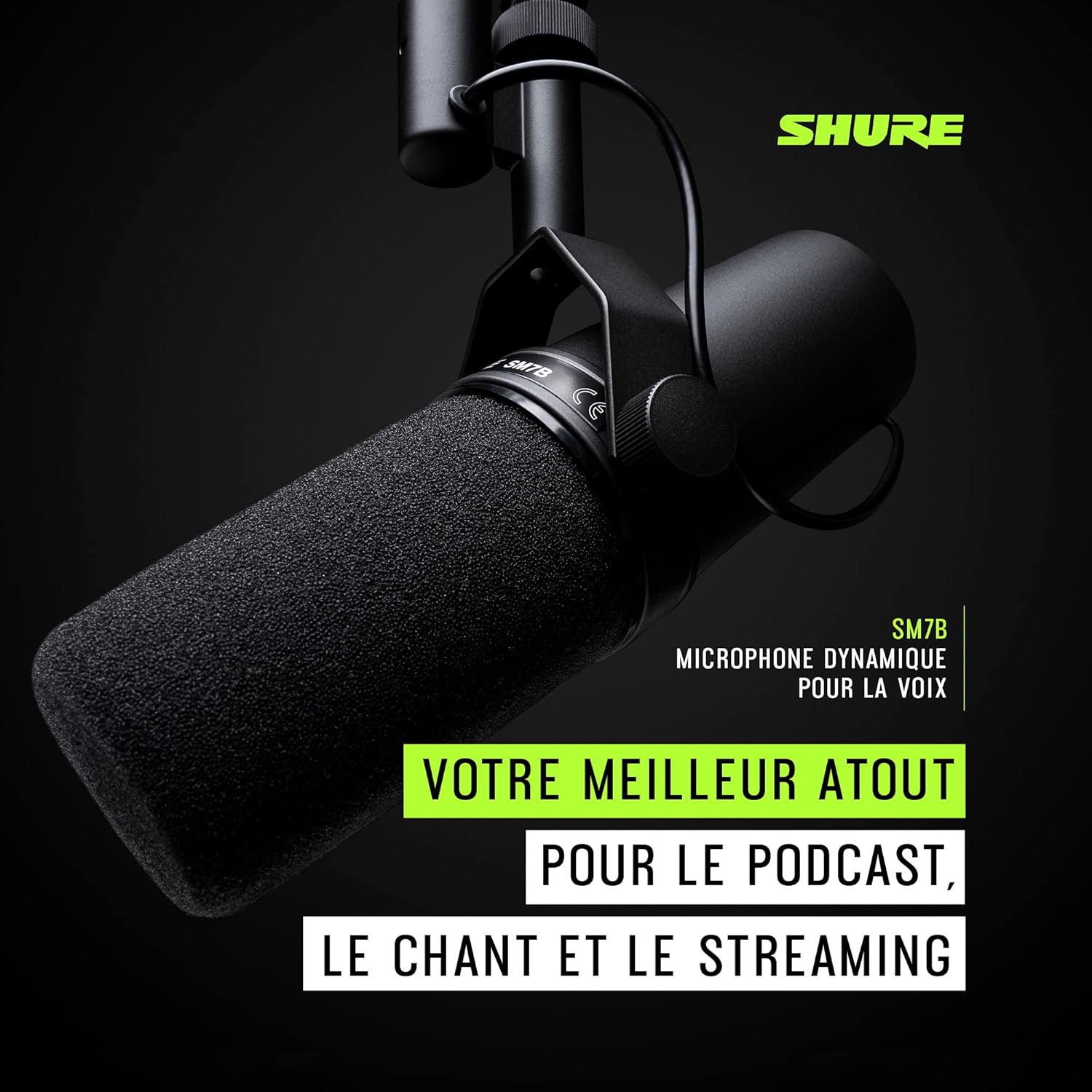 Shure SM7B Microphone Dynamique Cardioïde, Son Doux et Chaleureux pour Le Broadcast, Le Podcast ou L’Enregistrement