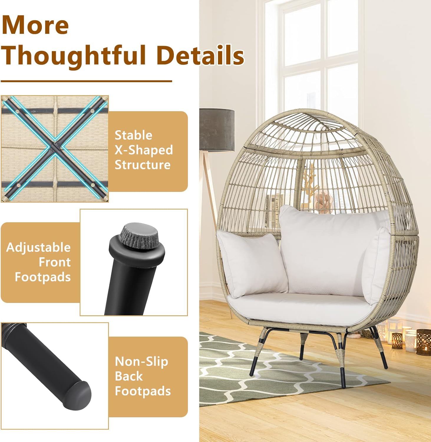 Fauteuil Œuf en Rotin PE avec 4 Coussins Rembourrés, Charge 180KG, Chaise Relax avec Cadre en Métal, Convient pour Salon, Jardin, Terrasse, Patio, 110X82X145 CM