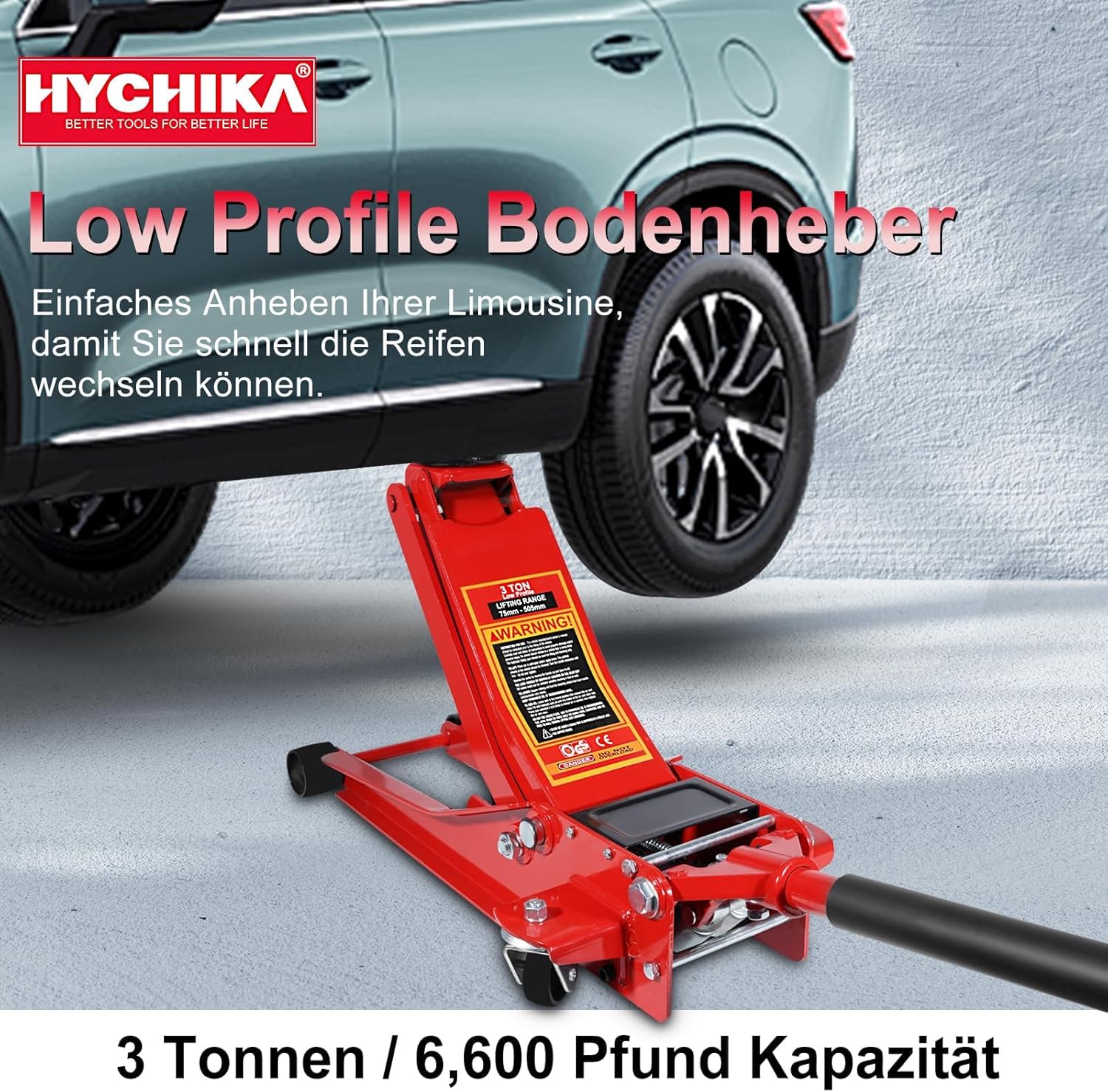 HYCHIKA Steel Racing Trolley Jack, Ultra Low Profile Jack with Dual Piston Quick-Acting Pump, 3 Ton (6,600 lb) Capacity, Lifting Range 3-18.3 inches