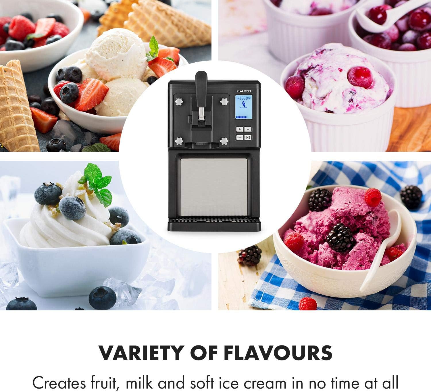Klarstein Sweet Sundae- Ice Cream Machine, 1.5 Litres, with Self-Cooling Compressor, 200 Watts, Dispensing System, 3 Hour Auto-Cooling Function, Automatic Cleaning System, Stainless Steel