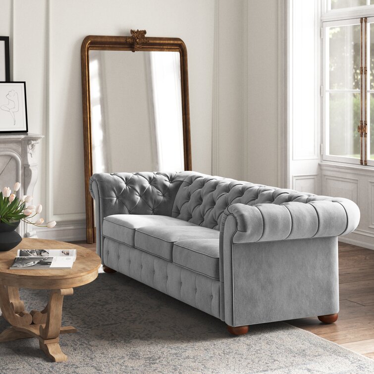 Alena 91.25” Velvet Rolled Arm Chesterfield Sofa