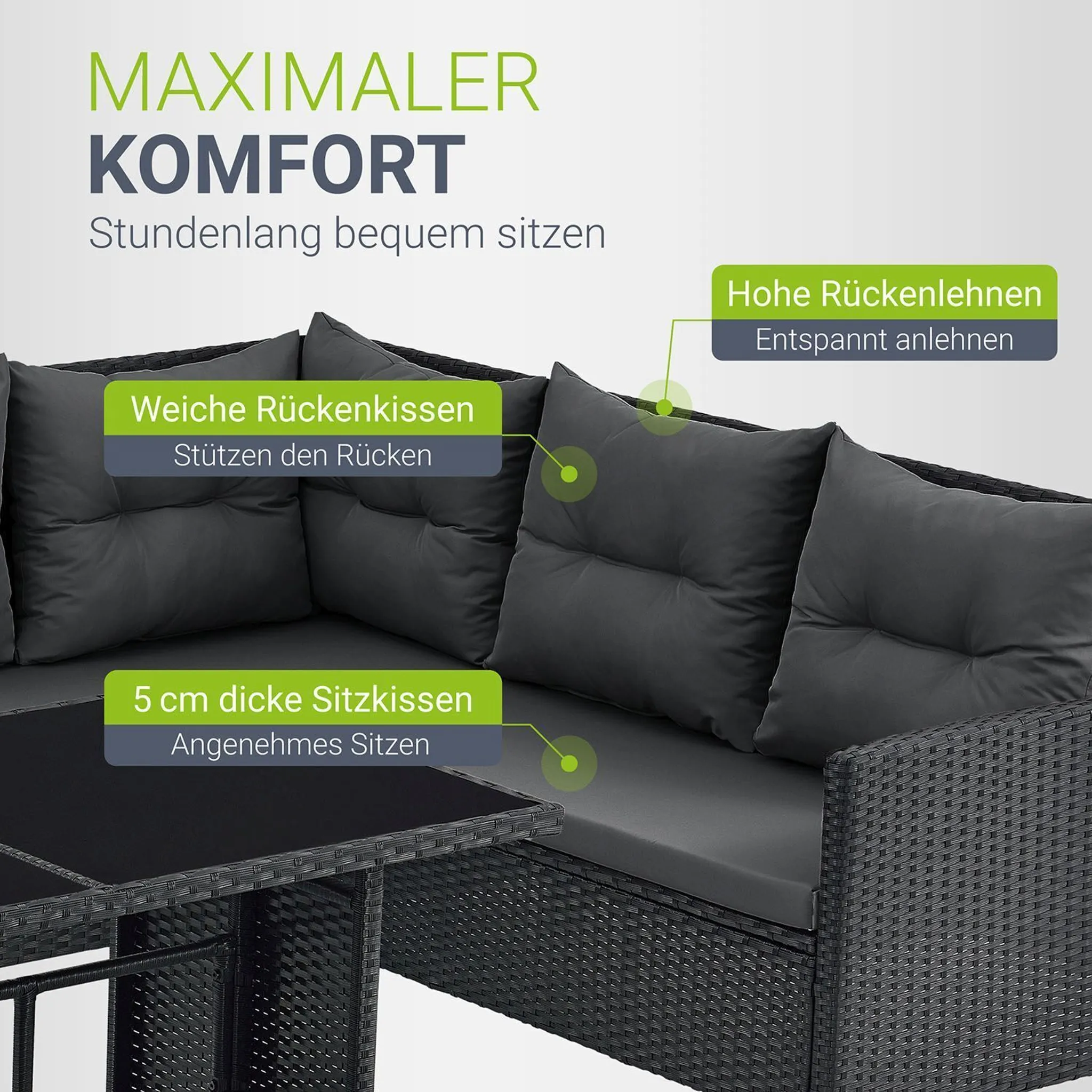 Juskys Polyrattan Lounge Manacor - Sofa, Tisch, Hocker & Kissen - Schwarz & Grau