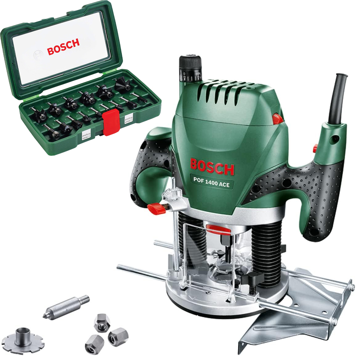 Bosch POF 1400 ACE Router (3 x Collet, Milling Cutter, Parallel Stop, Suction Adapter, Case) + 15-Piece Carbide Cutter Set (for Wood, 1/4 Inch Shank)