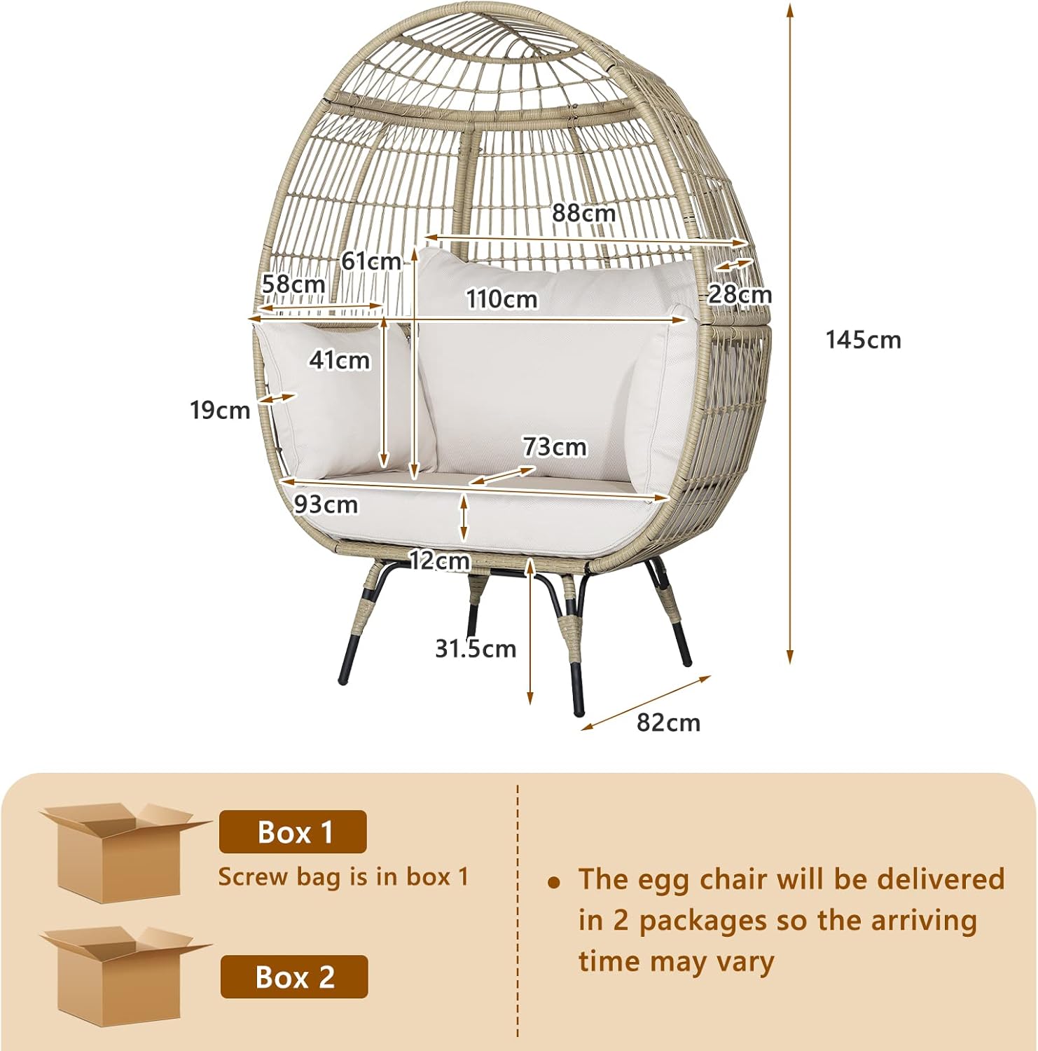 Fauteuil Œuf en Rotin PE avec 4 Coussins Rembourrés, Charge 180KG, Chaise Relax avec Cadre en Métal, Convient pour Salon, Jardin, Terrasse, Patio, 110X82X145 CM