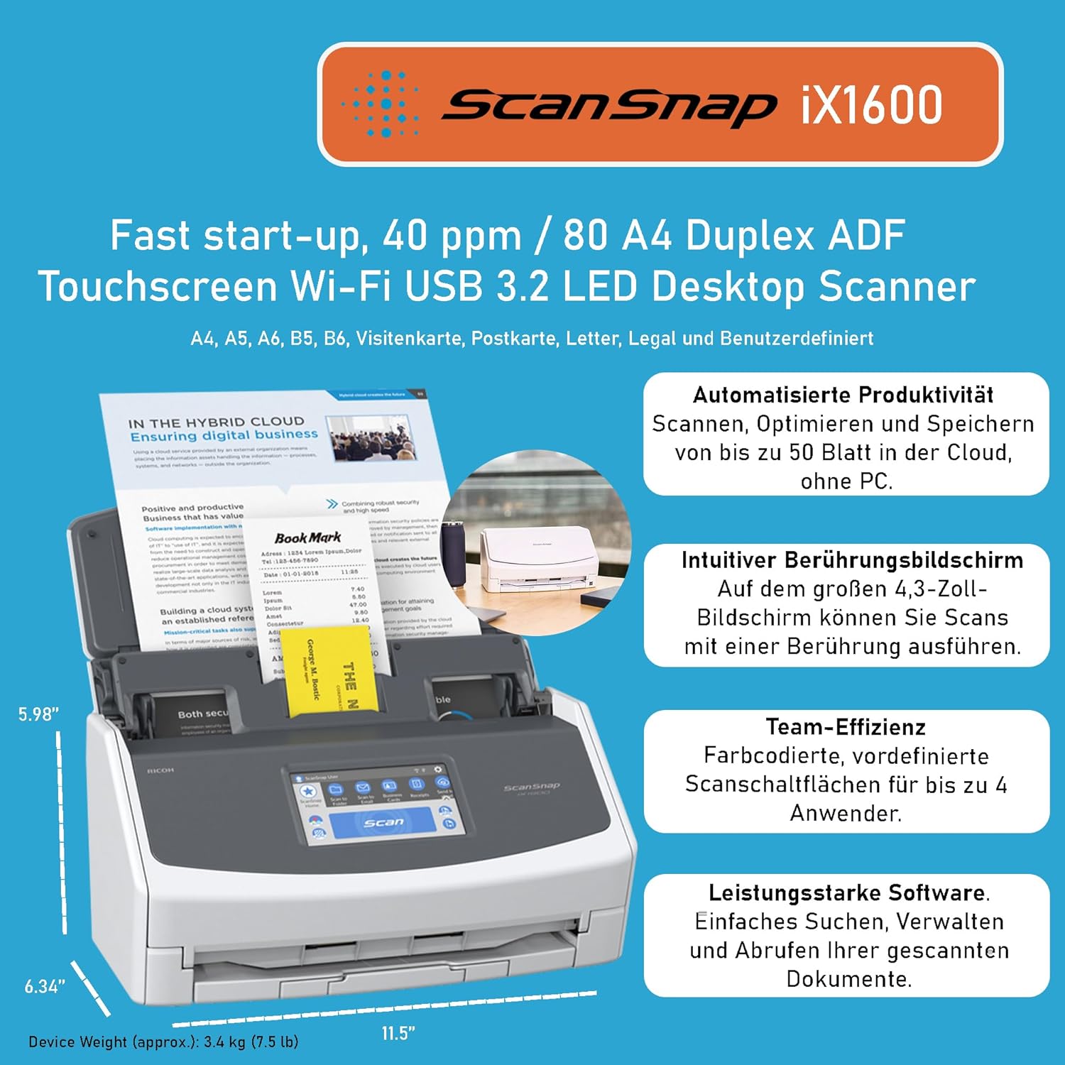 iX1600 ScanSnap Scanner (White) - A4, A5, A6, B5, B6, Business Card, Postcard, Letter, Legal and Custom, Duplex, Wi-Fi, USB 3.2, (40 Pages/80 Images/Min) with ADF, White, ADF, 40 ppm