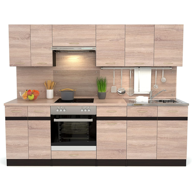 FIWODO Expandable Kitchen Unit with Electrical Appliances, Fitted Kitchen in Sonoma Oak, 240 cm, with Sink, Mixer Tap, Hob, Oven, Extractor Hood