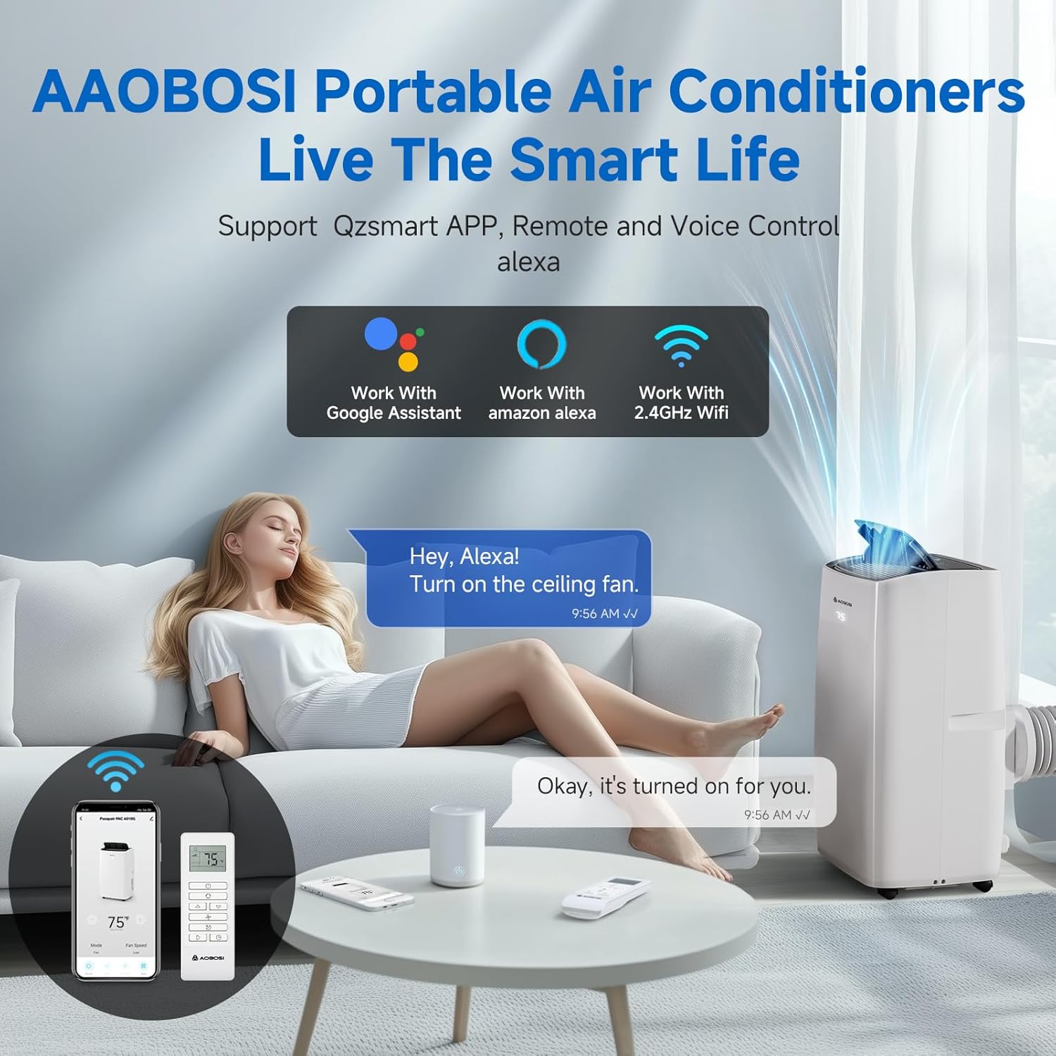 AAOBOSI 14,000 BTU Portable Air Conditioner with Heater & Dehumidifier, 6-in-1 Cooling Unit for Large Room up to 350 Sq.Ft, Quiet 45dB, Smart App Control, Window Kit & Wheels Included