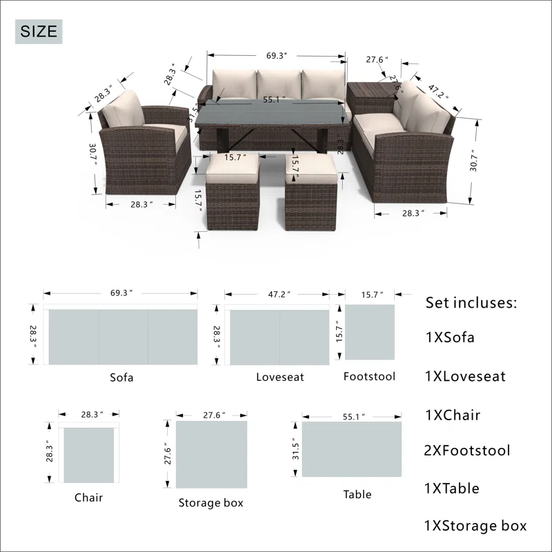 Wicker 8 - Person Garden Lounge Set with Cushions