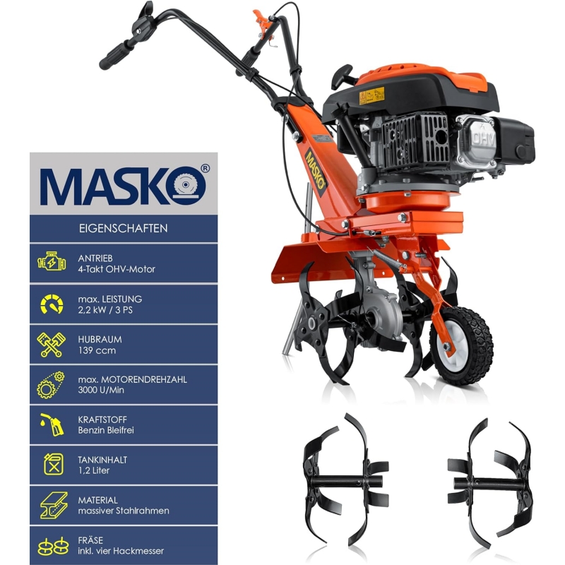 MASKO Petrol Tiller MK-909 Tiller 3 KW (4.1 HP) 139 cm³ with Working Width of 36 cm – 4-Stroke Engine – 16 Hard Blades – Tiller – Cultivator – Tiller – Tiller –